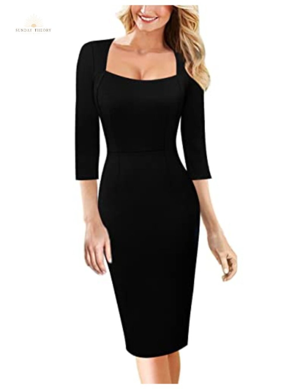 Womens Vintage Square Neck 3/4 Sleeve Work Office Bodycon Sheath Dress